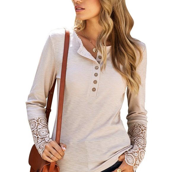 Tops - 1 Left! Beige Button Top w/Crochet Lace Sleeve Hem